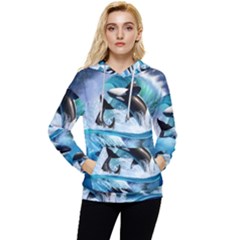 Orca Wave Water Underwater Sky Women s Lightweight Drawstring Hoodie by uniart180623