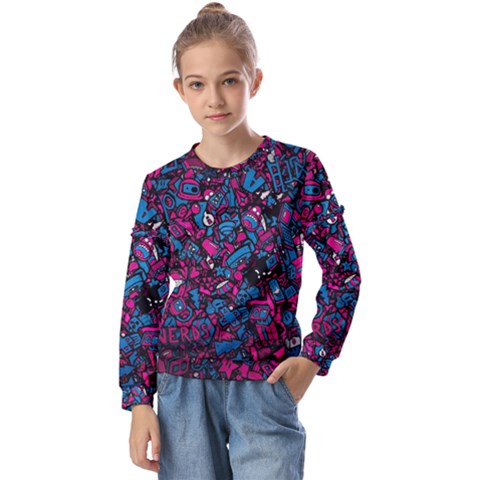 Grafitti Graffiti Abstract Artwork Digital Kids  Long Sleeve Tee With Frill  by uniart180623