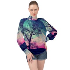 Tree Abstract Field Galaxy Night Nature High Neck Long Sleeve Chiffon Top