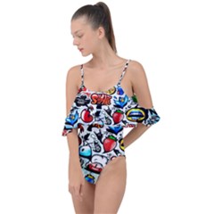 Graffiti Art Cartoon Comic Drape Piece Swimsuit