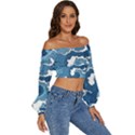 Waves Aesthetics Illustration Japanese Long Sleeve Crinkled Weave Crop Top View3