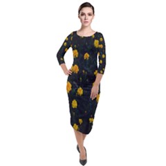 Bloomed Yellow Petaled Flower Plants Quarter Sleeve Midi Velour Bodycon Dress