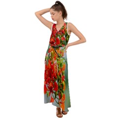 Gathering Sping Flowers Wallpapers V-neck Chiffon Maxi Dress