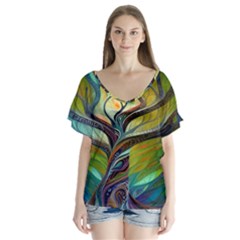 Tree Magical Colorful Abstract Metaphysical V-neck Flutter Sleeve Top by Simbadda