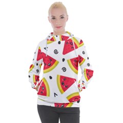 Cute Smiling Watermelon Seamless Pattern White Background Women s Hooded Pullover by Simbadda