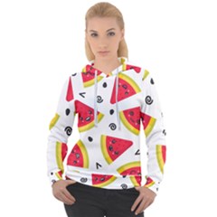 Cute Smiling Watermelon Seamless Pattern White Background Women s Overhead Hoodie by Simbadda