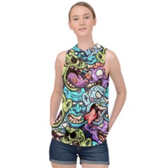 Zombie Heads Pattern High Neck Satin Top by Simbadda