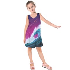 Tsunami Waves Ocean Sea Nautical Nature Water Unique Kids  Sleeveless Dress by Simbadda