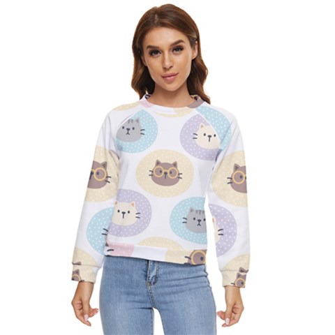 Cute Cat Seamless Pattern Background Women s Long Sleeve Raglan Tee by Simbadda