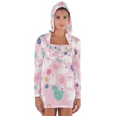 Cute Bunnies Easter Eggs Seamless Pattern Long Sleeve Hooded T-shirt by Simbadda