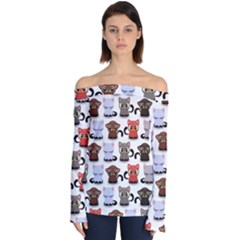 Seamless Pattern With Cute Little Kittens Various Color Off Shoulder Long Sleeve Top by Simbadda