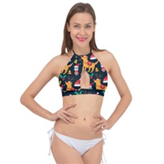 Funny Christmas Pattern Background Cross Front Halter Bikini Top by Simbadda