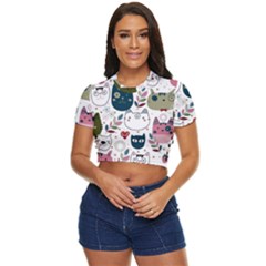 Pattern With Cute Cat Heads Side Button Cropped Tee by Simbadda