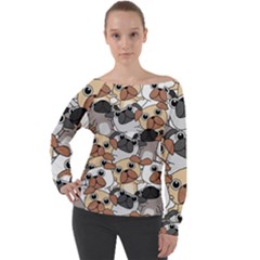 Many Dogs Pattern Off Shoulder Long Sleeve Velour Top