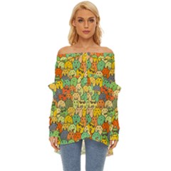 Seamless Pattern With Doodle Bunny Off Shoulder Chiffon Pocket Shirt