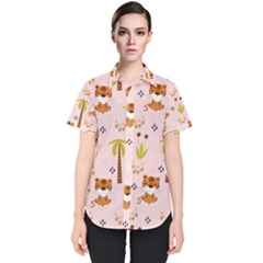 Cute Tiger Car Safari Seamless Pattern Women s Short Sleeve Shirt