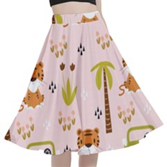 Cute Tiger Car Safari Seamless Pattern A-line Full Circle Midi Skirt With Pocket by Simbadda