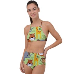 Seamless Pattern Vector With Animals Wildlife Cartoon Halter Tankini Set by Simbadda