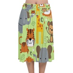 Seamless Pattern Vector With Animals Wildlife Cartoon Velvet Flared Midi Skirt by Simbadda