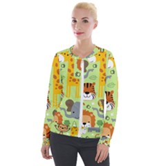 Seamless Pattern Vector With Animals Wildlife Cartoon Velvet Zip Up Jacket