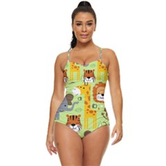 Seamless Pattern Vector With Animals Wildlife Cartoon Retro Full Coverage Swimsuit by Simbadda