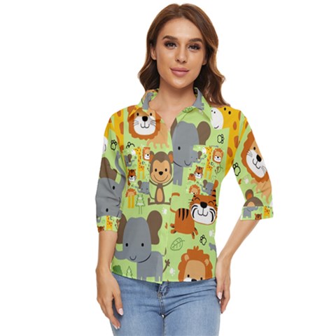 Seamless Pattern Vector With Animals Wildlife Cartoon Women s Quarter Sleeve Pocket Shirt by Simbadda