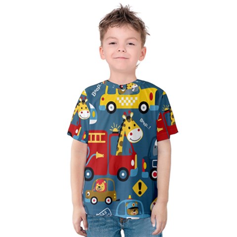 Seamless Pattern Vehicles Cartoon With Funny Drivers Kids  Cotton Tee by Simbadda