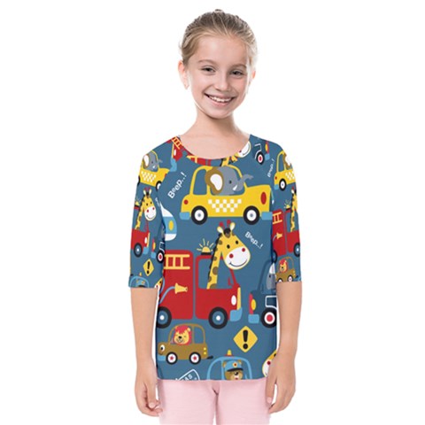 Seamless Pattern Vehicles Cartoon With Funny Drivers Kids  Quarter Sleeve Raglan Tee by Simbadda