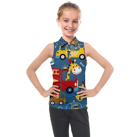 Seamless Pattern Vehicles Cartoon With Funny Drivers Kids  Sleeveless Polo Tee by Simbadda