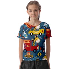 Seamless Pattern Vehicles Cartoon With Funny Drivers Kids  Frill Chiffon Blouse by Simbadda