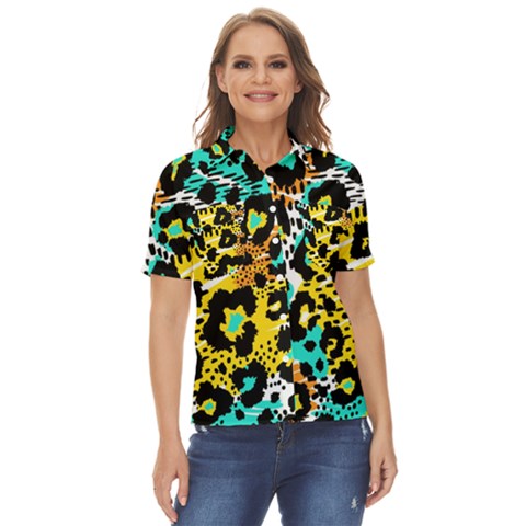 Seamless Leopard Wild Pattern Animal Print Women s Short Sleeve Double Pocket Shirt by Simbadda