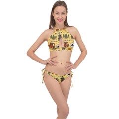 Seamless Pattern Funny Ranger Cartoon Cross Front Halter Bikini Set