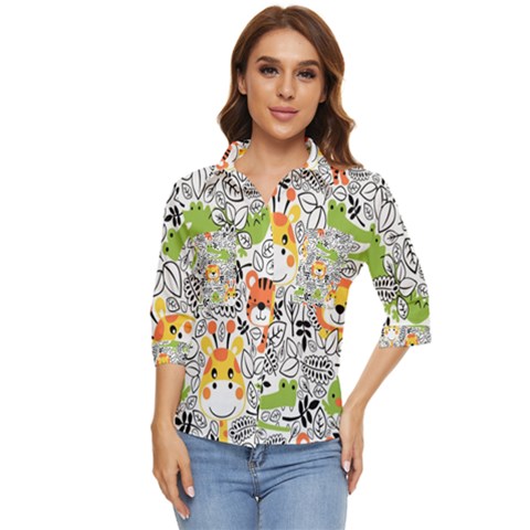 Seamless Pattern With Wildlife Cartoon Women s Quarter Sleeve Pocket Shirt by Simbadda