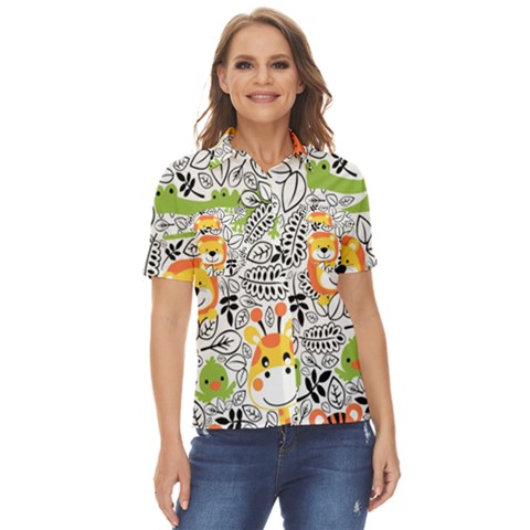 Seamless Pattern With Wildlife Cartoon Women s Short Sleeve Double Pocket Shirt by Simbadda