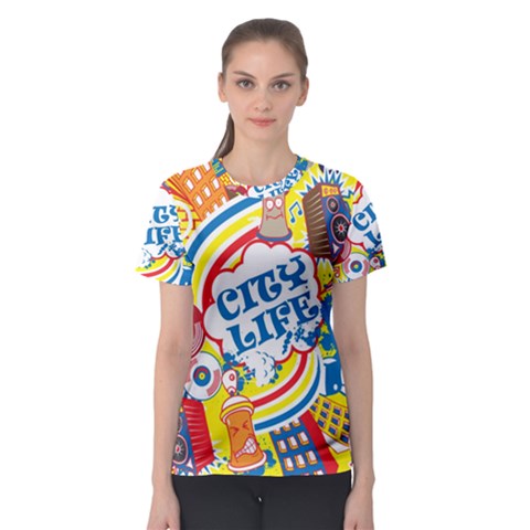 Colorful City Life Horizontal Seamless Pattern Urban City Women s Sport Mesh Tee by Simbadda