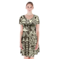 Four Hand Drawn City Patterns Short Sleeve V-neck Flare Dress by Simbadda