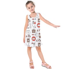 Vector Thin Line Art Vet Seamless Pattern Kids  Sleeveless Dress by Simbadda