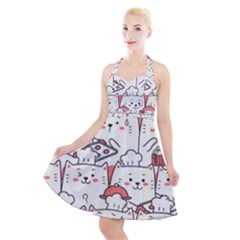 Cute-cat-chef-cooking-seamless-pattern-cartoon Halter Party Swing Dress  by Simbadda