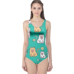 Seamless-pattern-cute-cat-cartoon-with-hand-drawn-style One Piece Swimsuit