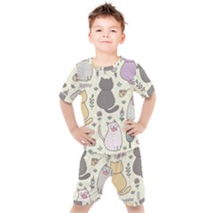 Funny Cartoon Cat Seamless Pattern Kids  Tee And Shorts Set by Simbadda