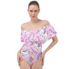 Beautiful-cute-animals-pattern-pink Off Shoulder Velour Bodysuit 