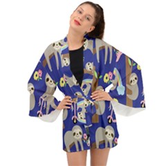 Hand-drawn-cute-sloth-pattern-background Long Sleeve Kimono by Simbadda