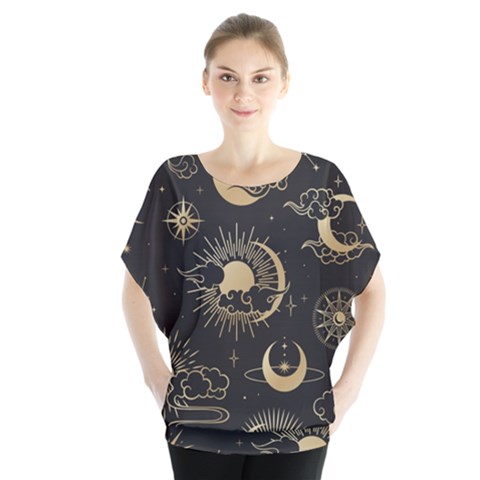 Asian-seamless-pattern-with-clouds-moon-sun-stars-vector-collection-oriental-chinese-japanese-korean Batwing Chiffon Blouse by Simbadda