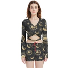 Asian-seamless-pattern-with-clouds-moon-sun-stars-vector-collection-oriental-chinese-japanese-korean Velvet Wrap Crop Top And Shorts Set by Simbadda