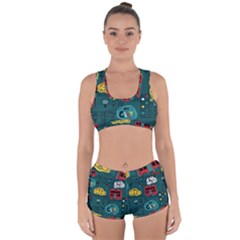 Seamless-pattern-hand-drawn-with-vehicles-buildings-road Racerback Boyleg Bikini Set by Simbadda