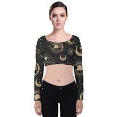 Asian Seamless Pattern With Clouds Moon Sun Stars Vector Collection Oriental Chinese Japanese Korean Velvet Long Sleeve Crop Top by Grandong