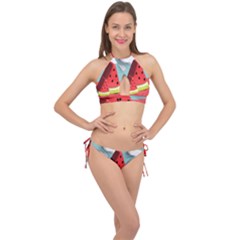 Strawberries Fruit Cross Front Halter Bikini Set by Grandong