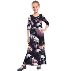 Halloween Party Skulls, Demonic Pumpkins Pattern Kids  Quarter Sleeve Maxi Dress by Casemiro