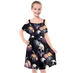 Halloween Party Skulls, Demonic Pumpkins Pattern Kids  Cut Out Shoulders Chiffon Dress by Casemiro