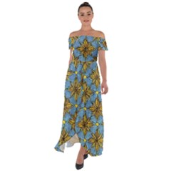 Gold Abstract Flowers Pattern At Blue Background Off Shoulder Open Front Chiffon Dress